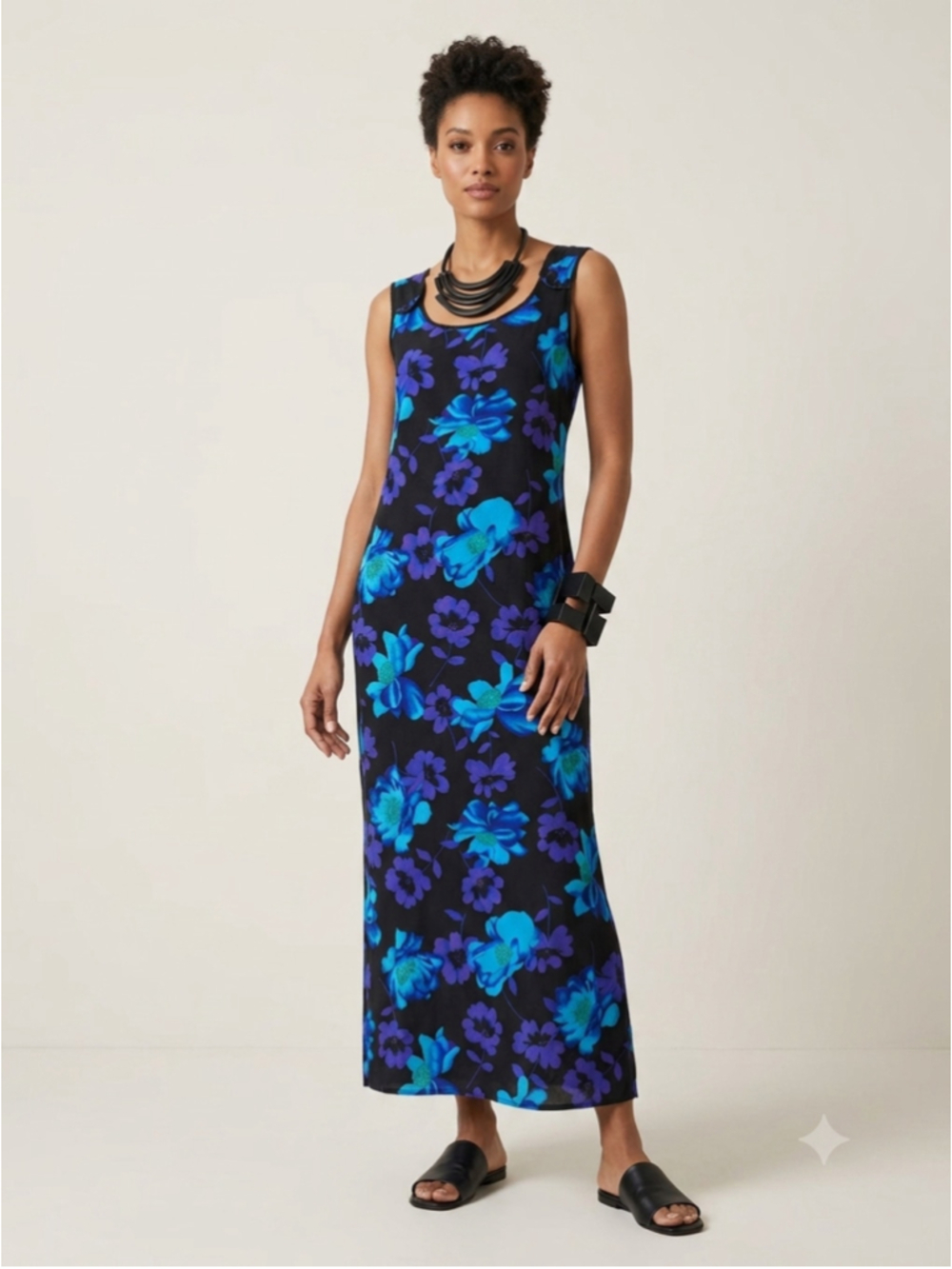 Vintage 90s Colesce Couture Floral Rayon Maxi Dress Womens L Blue Purple Sleevel